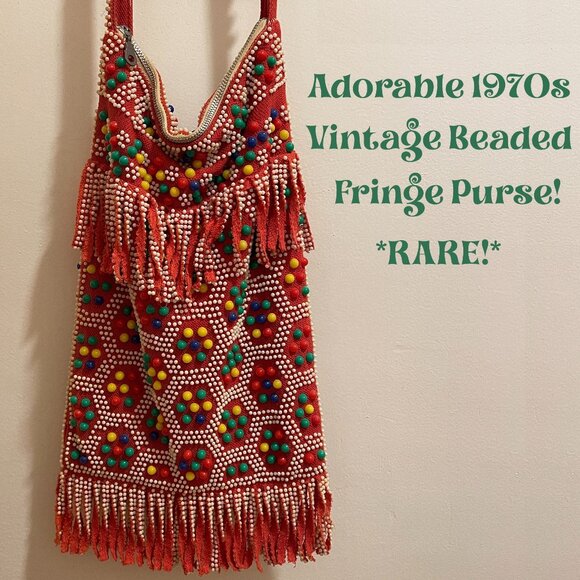 *VINTAGE* Groovy 70's plastic beaded shoulder bag with fringe! ADORABLE! - Picture 1 of 14